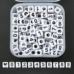 White Opaque White Acrylic Beads, Cube with Black Number & Heart, White, 6x6x6mm, Hole: 3.5mm, 100pcs/box