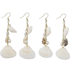 WhiteSmoke Bohemian Style Natural Shell Dangle Earrings with Glass Pearl Beads, 304 Stainless Steel Long Drop Earrings, WhiteSmoke, 80~82x27~30mm