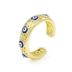 Blue Enamel Evil Eye Open Cuff Ring, Real 18K Gold Plated Brass Hollow Out Hexagon Finger Ring for Women, Cadmium Free & Lead Free, Blue, US Size 7 1/2(17.7mm)