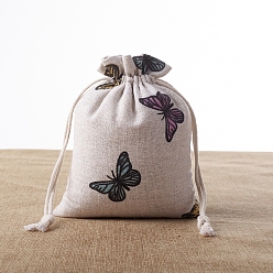 Butterfly Rectangle Burlap Printed Packing Pouches, Drawstring Bags, for Presents, Party Favor Gift Bags, Butterfly, 13x9cm