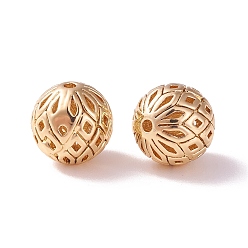 Champagne Gold Brass Hollow Beads, Round with Rhombus Pattern, Golden, 8mm, Hole: 1mm