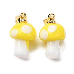 Желтый Подвески лэмпворк ручной работы, гриб, с реечной накладкой из латуни с золотистым напылением, долговечный, золотые, желтые, 16~17x9.5~10.5 мм, отверстие : 4.5x3.5 мм