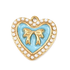 Темно-Голубой 304 нержавеющей стальной эмали подвески, белые сердечки с имитацией жемчуга из АБС-пластика, ионное покрытие (ip), реальный 18 k позолоченный, глубокое синее небо, 21.5x21.5x4 мм, отверстие : 1.6 мм