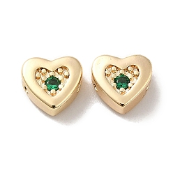 Dark Green Real 18K Gold Plated Brass Beads, with Glass, Heart, Dark Green, 7x7.5x3.5mm, Hole: 1mm