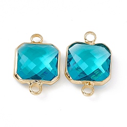 Indicolite Transparent K9 Glass Connector Charms, with Light Gold Plated Brass Findings, Faceted, Square Links, Indicolite, 19.5x12.5x4.5mm, Hole: 2.2mm