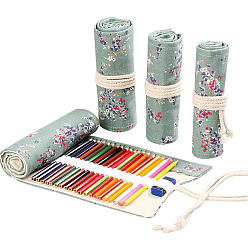 Flower Pattern Handmade Canvas Pencil Roll Wrap, 36 Holes Roll Up Pencil Case for Coloring Pencil Holder, Plum Blossom Pattern, 45~46x19~20x0.3cm