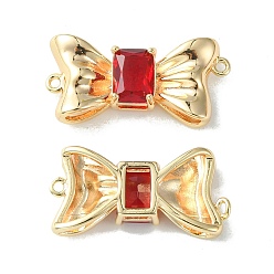 Red Brass Pave Cubic Zirconia Connector Charms, Real 18K Gold Plated, Bowknot Links, Red, 11x23x4.5mm, Hole: 1mm
