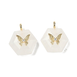Хрусталь Ограненные подвески из натуральных кристаллов кварца, Шестиугольные подвески с латунной паве из прозрачных кубических цирконий в форме бабочки, реальный 18 k позолоченный, долговечный, стойки покрытие, 22x19x10 мм, отверстие : 3.5x2 мм