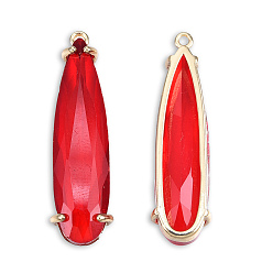 Red Transparent K9 Glass Pendants, with Light Gold Plated Brass Findings, Cadmium Free & Lead Free, Faceted, Teardrop, Red, 32x9x6mm, Hole: 1.2mm