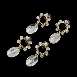 Хрусталь Натуральный кристалл кварца свисающие серьги, цветок с овальной, с фурнитурой латунной для серег, золотые, стойки покрытие, 40.5~41x21.5 мм