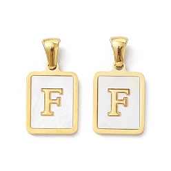 Letter F Ion Plating(IP) 304 Stainless Steel Pave Shell Pendants, Rectangle Charm, Real 18K Gold Plated, Letter F, 17.5x12x1.5mm, Hole: 3x5mm