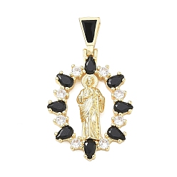 Marine Blue Religion Brass Pave Cubic Zirconia Pendants, with Enamel, Oval with Saint Jude Charms, Lead Free & Cadmium Free, Long-Lasting Plated, Rack Plating, Real 18K Gold Plated, Marine Blue, 36mm, Pendant: 29x20x4mm, Hole: 5.5x3mm