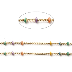Golden Handmade 304 Stainless Steel Curb Chains, with Colorful Enamel Beaded, Soldered, with Spool, Golden, 1mm, 2x1mm