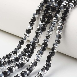 Schwarz Galvanisieren transparente Glasperlen Stränge, Halb Silber plattiert, facettiert, Rondell, Schwarz, 8x6 mm, Bohrung: 1 mm, ca. 60~62 Stk. / Strang, 16.14 Zoll (41 cm)