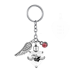 White Stainless Steel Keychain, with Urn Ashes and Wing Pendant, White, Pendant: 2.5x2.1cm