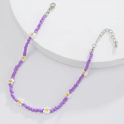 purple Bohemian Glass Flower Bead Necklace Handmade Vintage Collar Choker Chain
