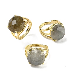 Лабрадорита Латунные манжеты с открытыми кольцами, с натуральным лабрадорита, круглые, граненые, стойки покрытие, долговечный, золотые, 18 мм