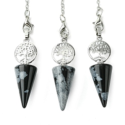 Снежный Обсидиан Натуральная снежинка, обсидиановый конус, биолокационный маятник, большие подвески, с древом жизни, покрытие стойки, фурнитура из латуни с платиновым покрытием, без кадмия и без свинца, 220~240 мм, отверстие : 1.5~2 мм