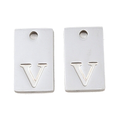 Letter V 304 Stainless Steel Pendants, Rectangle with Letter Charms, Stainless Steel Color, Letter V, 16x10x1.4mm, Hole: 1.8mm