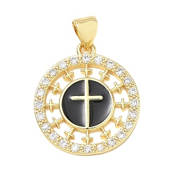 Black Religion Cross Brass Micro Pave Clear Cubic Zirconia Pendants, Flat Round Charms with Enamel, Lead Free & Cadmium Free, Long-Lasting Plated, Rack Plating, Real 18K Gold Plated, Black, 21x19x2mm, Hole: 5x3.5mm