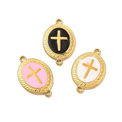 Mixed Color 201 Stainless Steel Enamel Connector Charms, Real 24K Gold Plated, Oval Links with Religion Cross, Mixed Color, 24x16x4mm, Hole: 1.5mm