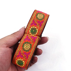 Оранжево-Красный 6.5М полиэфирные ленты с плоской вышивкой в этническом стиле, жаккардовая лента, аксессуары для одежды, цветочным узором, оранжево-красный, 1-1/4 дюйм (33 мм), около 7.11 ярдов (6.5 м) / пачка