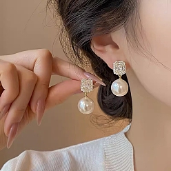 Golden Rectangle Alloy Rhinestone Stud Earrings, Plastic Beads Earrings with 925 Sterling Silver Pins, Golden, 50x50mm
