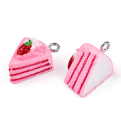 Pink Opaque Resin Pendants, Cake Charm, with Platinum Plated Iron Loops, Imitation Food, Pink, 19.5x13.5x13mm, Hole: 2mm