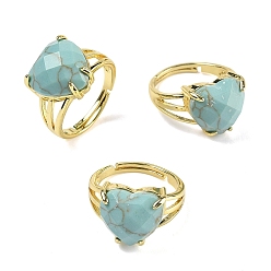 Бирюза Латунные манжеты с открытыми кольцами, с синтетическими бирюзовый, сердце, граненые, стойки покрытие, долговечный, золотые, размер США 8 1/2 (18.5 мм)