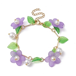 Lilac Acrylic Flower & Glass Pearl Charm Bracelets, with Brass Chains, Lilac, 6-7/8~7-1/8 inch(17.5~18cm)