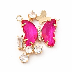Fuchsia Brass with K9 Glass Charms, Golden, Butterfly Charms, Fuchsia, 27x25x4.5mm, Hole: 2mm