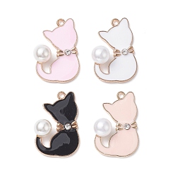 Mixed Color Alloy Enamel Pendants, with ABS Plastic Imitation Pearls and Crystal Rhinestone, Light Gold, Cat Charm, Lead Free & Cadmium Free, Mixed Color, 29x19.5x8.5mm, Hole: 1.8mm