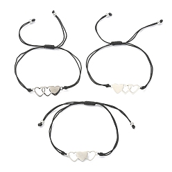 Black Friendship Theme Stainless Steel Interlocking Love Heart Link Bracelets Sets, Adjustable Nylon Thread Braided Bracelet, Black, 0.2cm, Inner Diameter: 2-1/4~3-3/8 inch(5.8~8.5cm), 3pcs/set