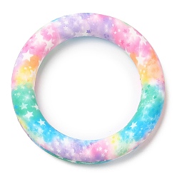 Colorful Food Grade Eco-Friendly Silicone Pendants, Ring with Star Pattern, Colorful, 65x10mm, Hole: 4mm