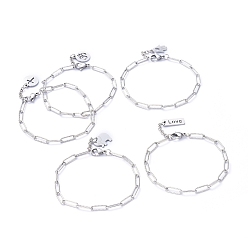 Stainless Steel Color Charm Bracelets, with Brass Chain Extender, 304 Stainless Steel Charms, Paperclip Chains and Lobster Claw Clasps, Mixed Shapes, Stainless Steel Color, 7-1/4 inch(18.3cm)