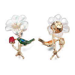 Colorful Flower with Bird Enamel Pin with ABS Plastic Pearl, Light Gold Plated Alloy Badge for Backpack Clothes, Nickel Free & Lead Free, Colorful, 55x37mm, Pin: 0.7mm