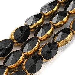 Black Electroplate Glass Beads Strands, with Golden Plated Edge, Faceted Oval, Black, 8~9x6.5x5mm, Hole: 1.2mm, about 37pcs/strand, 23.78 inch(60.4cm)