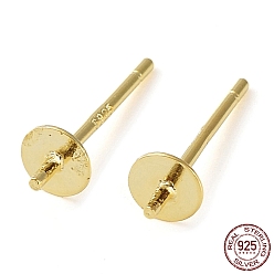 Real 18K Gold Plated 925 Sterling Silver Stud Earring Findings, Flat Pad, for Half Drilled Bead, with S925 Stamp, Real 18K Gold Plated, 12.5x4mm, Pin: 0.7mm