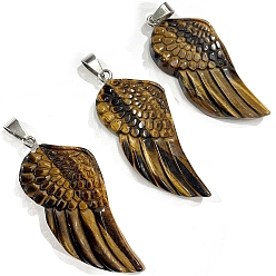 Tiger Eye Natural Tiger Eye Big Pendants, Wing Charms with Platinum Plated Matel Snap on Bails, 50x25mm