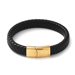 Golden Braided Leather Cord Bracelets, with 304 Stainless Steel Magnetic Clasps, Golden, 205x12x6mm
