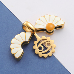 Cancer Opened 304 Stainless Steel Pendants, with Enamel, Real 18K Gold Plated, Daisy with Twelve Constellation, Cancer, 36x25x6mm