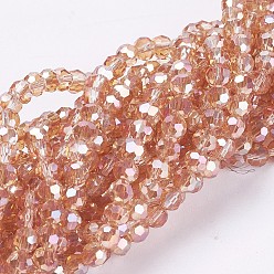 Coral Electroplate Glass Beads Strands, Full Rainbow Plated, Faceted, Round, Coral, 3.5~4.5mm, Hole: 0.5mm, about 100pcs/strand, 13.9~15.7 inch(35.5~40cm)