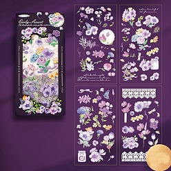 Purple 8Pcs Flower Pattern PET Stickers, Gold Stamping Self-Adhesive Decals for DIY Album Scrapbook, Diary Decoration, Purple, 190x100mm
