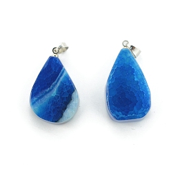 Королевский синий Окрашенные естественный агат подвески, подвески-слезинки с металлическими застежками-кнопками платинового оттенка, королевский синий, 25x15 мм