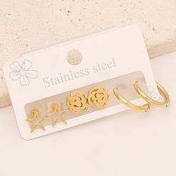 Golden 3 Pairs 3 Style 304 Stainless Steel Hoop Earrings, Stud Earrings, Flower & Star & Ring, Golden, 60x40mm, 1 Pair/style