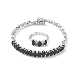 Черный Овальные латунные браслеты-манжеты и кольца с микропаве из кубического циркония для женщин, стойки покрытие, платина, чёрные, браслет: 7ширина мм, внутренний диаметр: 59.5x55 мм