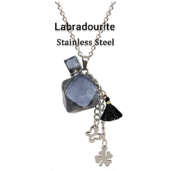 Labradorite Natural Labradorite Perfume Bottle Pendant Necklace with Staninless Steel Butterfly Flower and Tassel Charms, Essential Oil Vial Jewelry for Women, 18.11 inch(46cm)