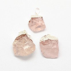 Rose Quartz Natural Bezel Raw Rough Gemstone Rose Quartz Pendants, with Silver Color Plated Brass Findings, Irregular Nuggets, 25~55x21~40x10~35mm, Hole: 8x4mm