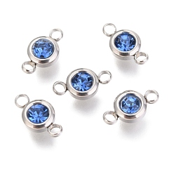 Capri Blue 304 Stainless Steel Rhinestone Links Connectors, Flat Round, Stainless Steel Color, Capri Blue, 12x6.5x4mm, Hole: 2mm