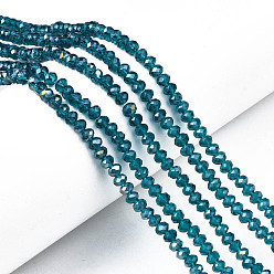Teal Electroplate Glass Beads Strands, AB Color Plated, Faceted, Rondelle, Teal, 4x3mm, Hole: 0.4mm, about 123~127pcs/strand, 16.5~16.9 inch(42~43cm)